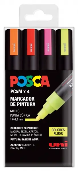 Posca PC-5M Pack de 4 Marcadores de Pintura - Punta de Bala 1.8-2.5mm - Tinta Base al Agua - No Perm