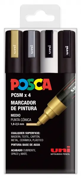 Posca PC-5M Pack de 4 Marcadores de Pintura - Punta de Bala 1.8-2.5mm - Tinta Base al Agua - No Perm