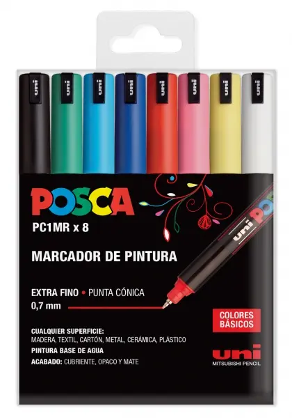 Posca PC1MR Pack de 8 Marcadores de Pintura - Punta Roller de Fibra 0.7mm - Tinta Pigmentada Base al
