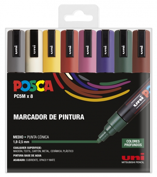 Posca PC-5M Estuche de 8 Marcadores de Pintura - Punta de Bala 1.8-2.5mm - Tinta Base al Agua - Resi