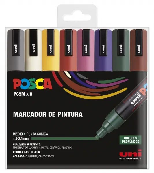 Posca PC-5M Estuche de 8 Marcadores de Pintura - Punta de Bala 1.8-2.5mm - Tinta Base al Agua - Resi