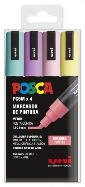 Posca PC-5M Pack de 4 Marcadores de Pintura - Punta de Bala 1.8-2.5mm - Tinta Base al Agua - No Perm