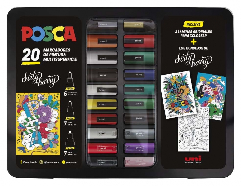 Posca Maleta Metalica con 20 Marcadores de Pintura - Surtido en Color y Trazo - Punta de Poliester -