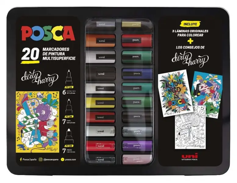 Posca Maleta Metalica con 20 Marcadores de Pintura - Surtido en Color y Trazo - Punta de Poliester -