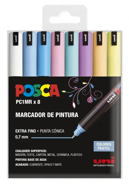 Posca PC1MR Pack de 8 Marcadores de Pintura - Punta Roller de Fibra 0.7mm - Tinta Pigmentada Base al