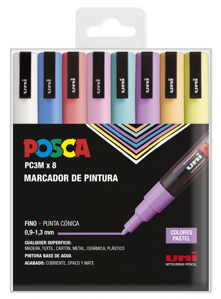 Posca PC3M Pack de 8 Marcadores de Pintura - Punta Conica 0.9-1.3mm - Tinta Base al Agua - Resistent