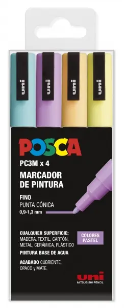 Posca PC3M Pack de 4 Marcadores de Pintura - Punta Conica 0.9-1.3mm - Tinta Base al Agua - Resistent