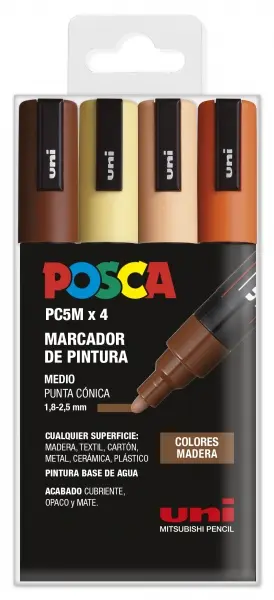 Posca PC-5M Estuche de 4 Marcadores de Pintura - Punta de Bala 1.8-2.5mm - Tinta Base al Agua - Resi
