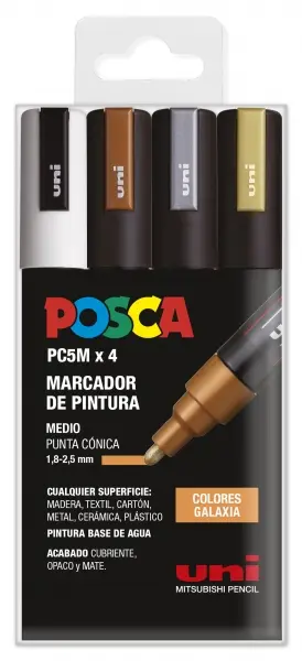 Posca PC-5M Estuche de 4 Marcadores de Pintura - Punta de Bala 1.8-2.5mm - Tinta Base al Agua - Resi