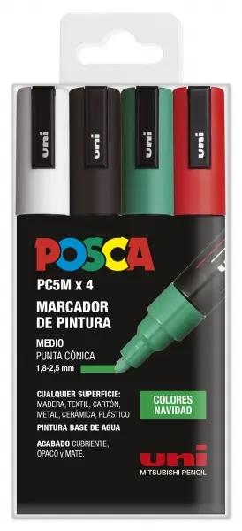 Posca PC-5M Estuche de 4 Marcadores de Pintura - Punta de Bala 1.8-2.5mm - Tinta Base al Agua - Resi