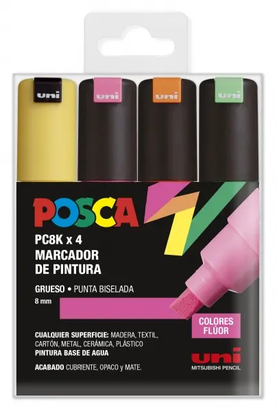 Posca PC-8K Estuche de 4 Marcadores de Pintura - Punta Biselada Acrilica 8mm - Tinta Base al Agua - 