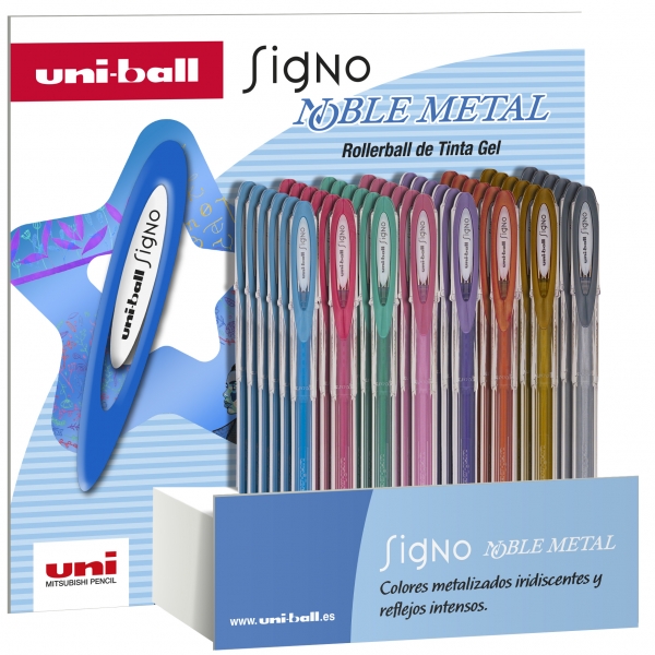 Uni-ball Signo Noble Metal Expositor de 48 Boligrafos de Tinta Gel - Punta de Bola 0.8mm - Tinta Res