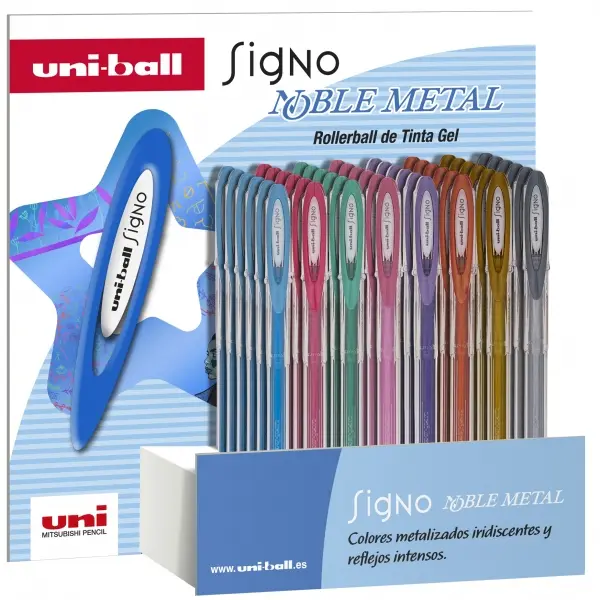 Uni-ball Signo Noble Metal Expositor de 48 Boligrafos de Tinta Gel - Punta de Bola 0.8mm - Tinta Res