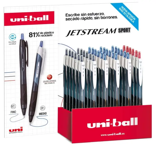 Uni-ball JetStream Sport SXN-150E Expositor con 36 Boligrafos de Tinta Pigmentada - Punta de Bola 1m