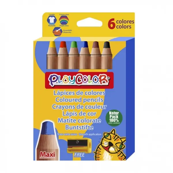 PlayColor Maxi Pack de 6 Lapices de Colores de Punta Gruesa + Sacapuntas - Trazo Extrasuave - Apto p