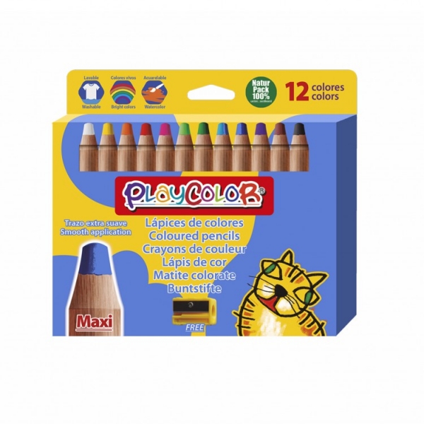 PlayColor Pack de 12 Lapices de Colores de Punta Gruesa + Sacapuntas - Trazo Extrasuave - Apto para 