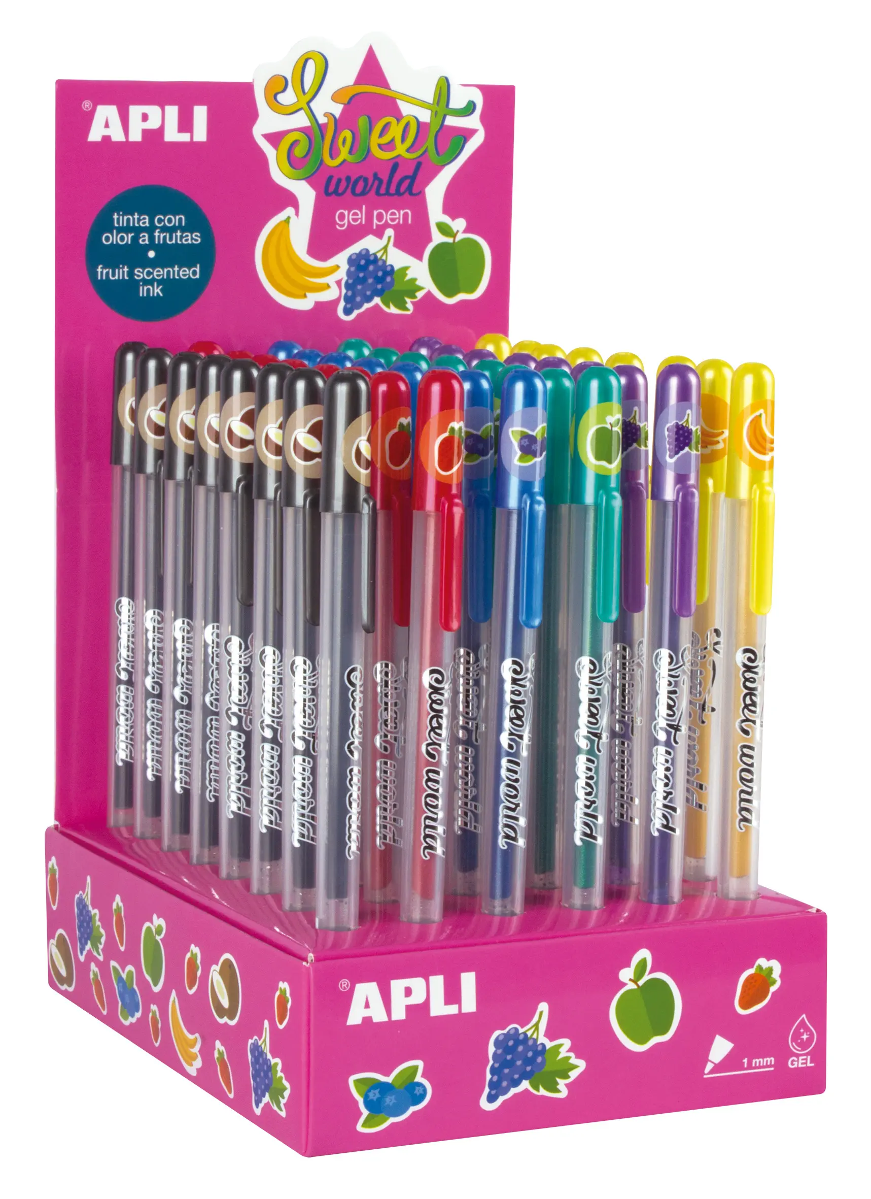 Apli Sweet World Gel Pen Expositor - 48 Boligrafos de Tinta Gel con Aroma a Frutas - 8 Colores Surti