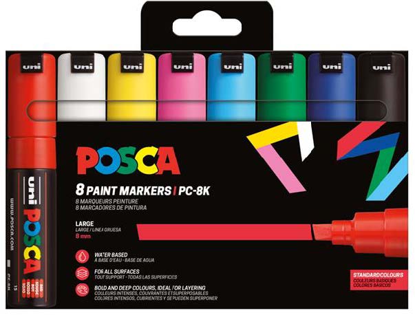 Posca PC-8K/8C Estuche de 8 Marcadores de Pintura - Punta Biselada Acrilica 8mm - Tinta Base al Agua