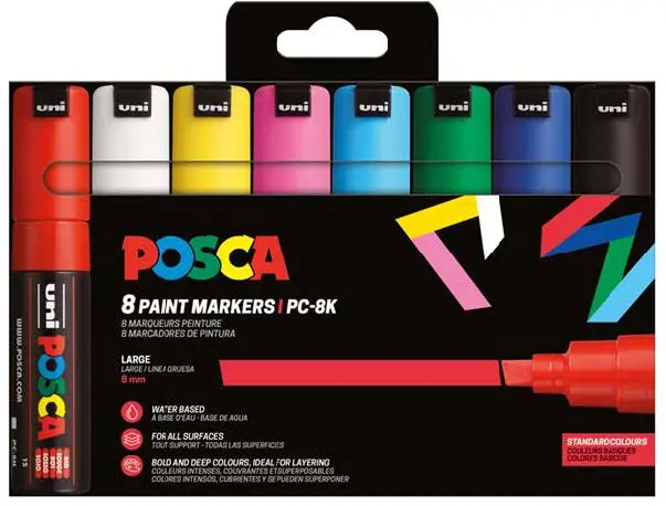 Posca PC-8K/8C Estuche de 8 Marcadores de Pintura - Punta Biselada Acrilica 8mm - Tinta Base al Agua