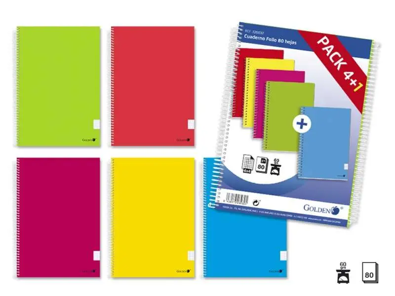 Golden Pack de 5 Cuadernos Espiral Folio 80 Hojas Cuadricula 4x4 - Margen Remarcado - Tapa Normal Pl