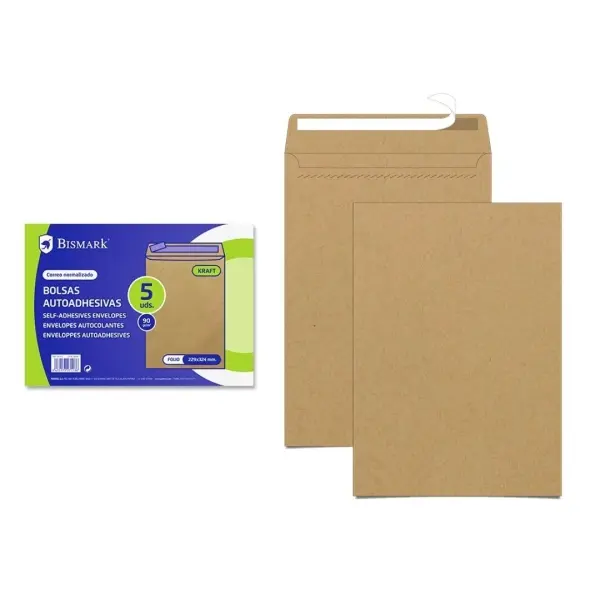 Bismark Pack de 5 Sobres de Papel Kraft 90gr - Medidas 229x324mm - Cierre Autoadhesivo - Color Marro