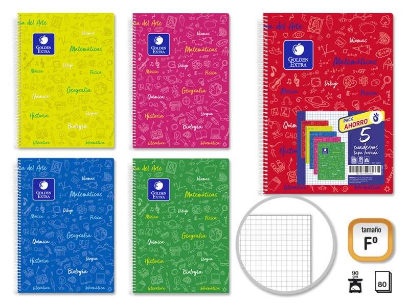 Golden Pack de 5 Cuadernos Folio 80 Hojas 90gr Cuadricula 4x4 - Resistente - Ideal para Estudiantes 