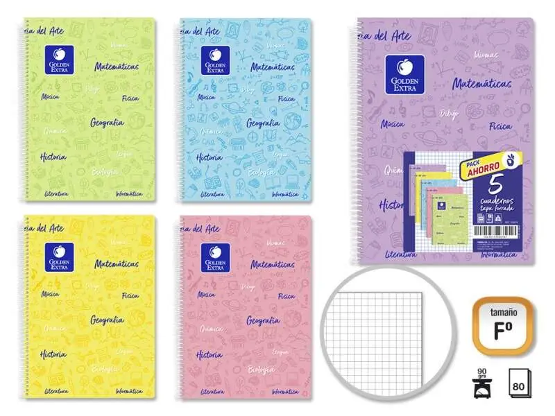 Golden Pack de 5 Cuadernos Folio 80 Hojas 90gr Cuadricula 4x4 - Resistente - Ideal para Estudiantes 