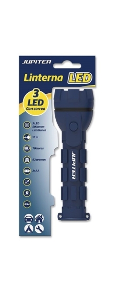 Jupiter Linterna de Luz Blanca 3 LED 50lm - Cuerpo de Goma - Resistencia IP44 - Funciona con 2 Pilas