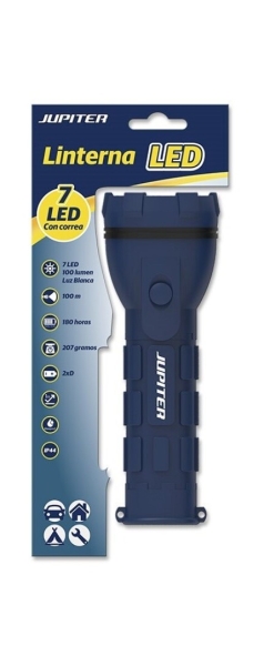 Jupiter Linterna de Luz Blanca 7 LED 100lm - Cuerpo de Goma - Resistencia IP44 - Funciona con 2 Pila