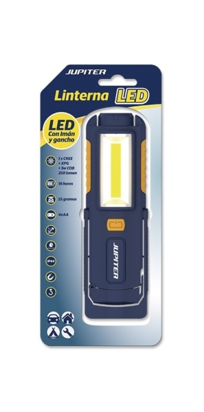 Jupiter Linterna de Trabajo LED+COB 250lm - Con Iman y Gancho - Resistencia IP44 - Funciona con 4 Pi