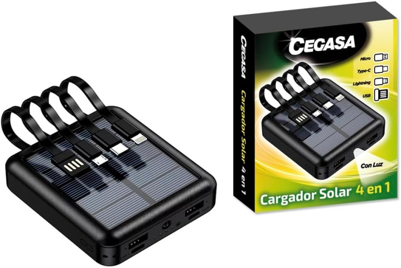 Cegasa Powerbank Solar 4 en 1 5000mAh - Salidas USB-C, Lighting, USB-A, Micro USB - Con Linterna - C