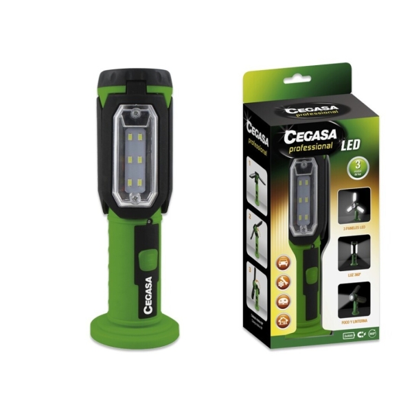Cegasa Profesional Linterna LED - 3 Paneles LED y Frontal - 3 Modos de Iluminacion - Funciona con 3 