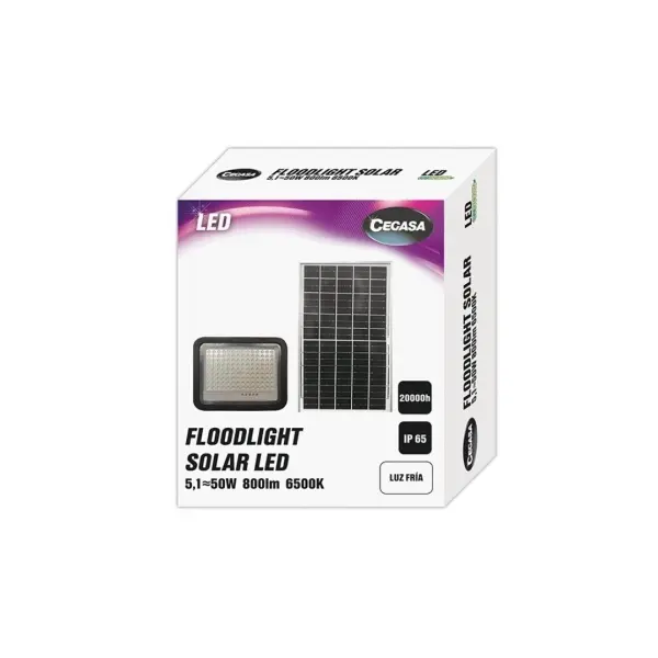 Cegasa Floodlight Foco Solar LED 800lm 6500K - Panel Solar Integrado 5V-6W - Autonomia hasta 12h - R