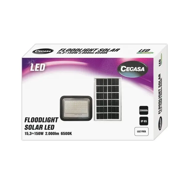 Cegasa Floodlight Foco Solar LED 2000lm 6500K - Panel Solar Integrado 5V-15W - Autonomia hasta 12h -