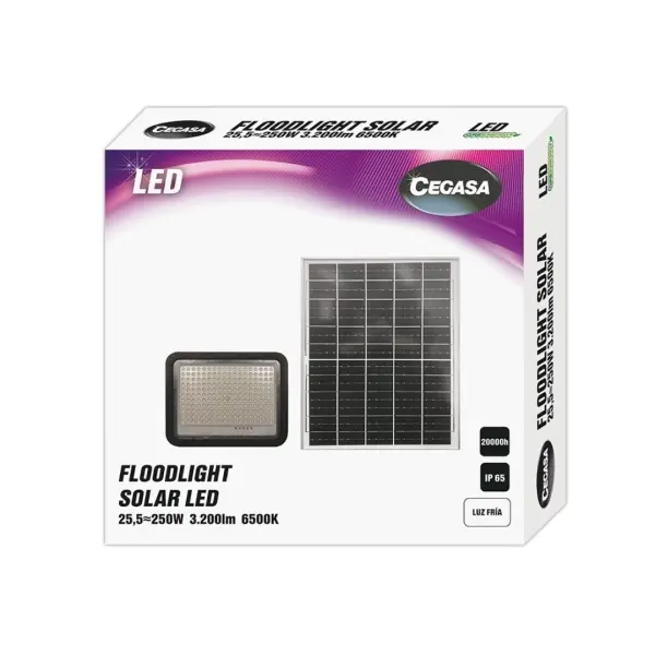 Cegasa Floodlight Foco Solar LED 3200lm 6500K - Panel Solar Integrado 5V-25W - Autonomia hasta 12h -