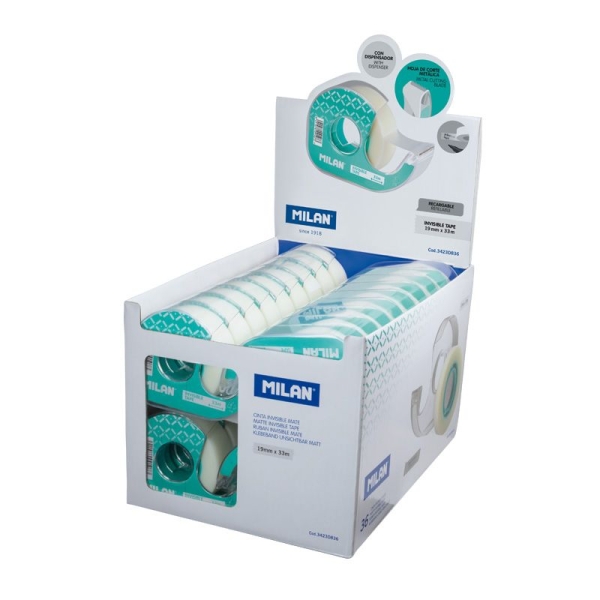 Milan Expositor de 36 Cintas Adhesivas Invisibles con Dispensador - Medidas 19mm x 33m - Color Trans
