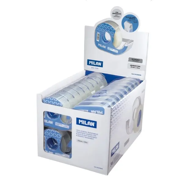 Milan Expositor de 36 Cintas Adhesivas Transparentes con Dispensador - Medidas 19mm x 33m - Color Tr