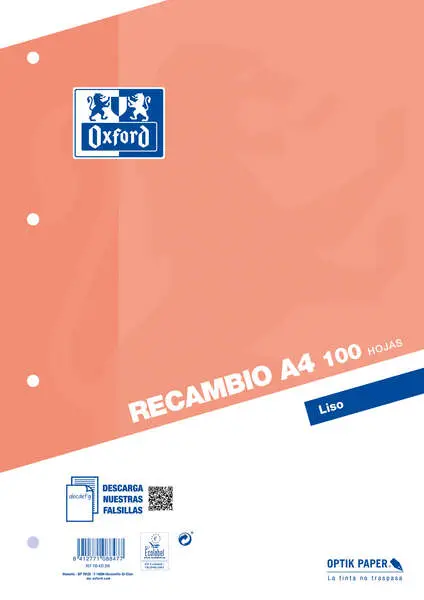 Oxford Classic Recambio de 100 Hojas Sueltas A4 Liso 4 Taladros