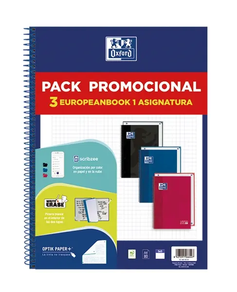 Oxford Europeanbook 1 Classic Pack de 3 Cuadernos Espiral Formato A4+ Cuadriculado 5x5mm - 80 Hojas 