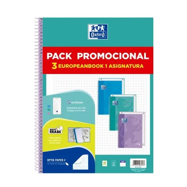 Oxford Europeanbook 1 Touch Pack de 3 Cuadernos Espiral Formato A4+ Cuadriculado 5x5mm - 80 Hojas 90