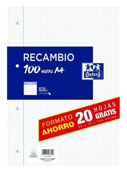Oxford Recambio Formato A4 Cuadriculado 4x4mm 4 Taladros - 80 Hojas + 20 Gratis 90gr con Margen