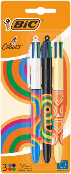 Bic 4 Colours Decors Pack de 3 Boligrafos de Bola Retractil - Punta Media de 1.0mm - Tinta con Base 
