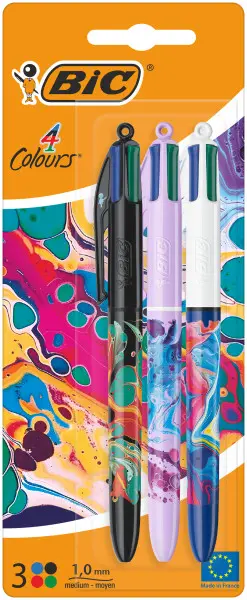 Bic 4 Colours Decors Hydro Pack de 3 Boligrafos de Bola Retractil - Punta Media de 1.0mm - Tinta con