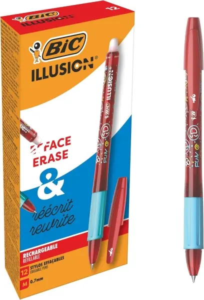 Bic Illusions Boligrafo Borrable - Punta Media de 0.7mm - Grip de Goma - Recargable - Color Rojo