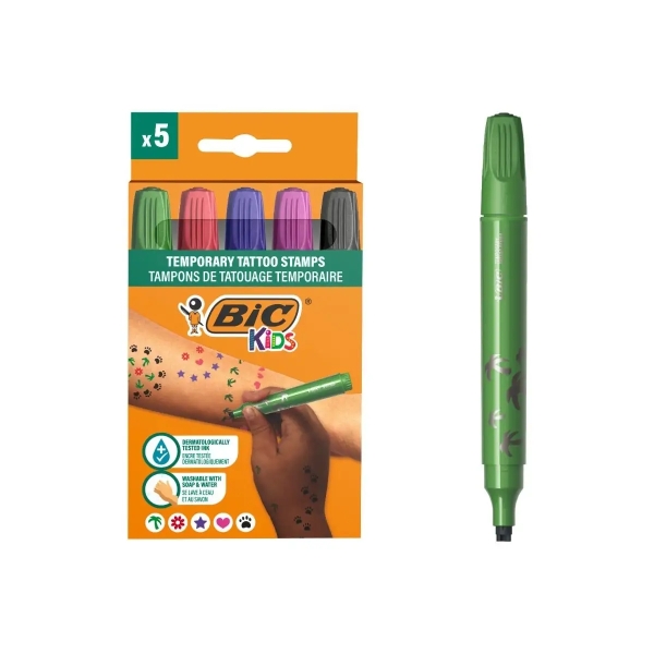 Bic Kids Pack de 5 Rotuladores de Sellos para Tatuajes Temporales - Tinta Dermatologicamente Testada