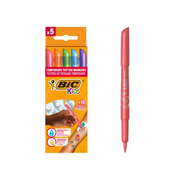 Bic Kids Tatuajes Pack de 5 Rotuladores + 10 Plantillas para Tatuajes Temporales - Tinta Dermatologi