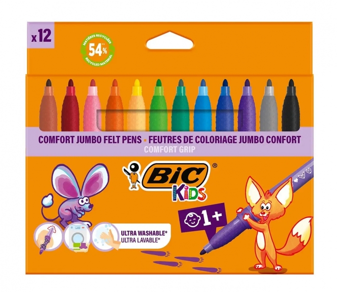 BIC Kids Comfort Jumbo Pack de 12 Rotuladores con Tinta Lavable - Facil de Limpiar - Agarre Antidesl