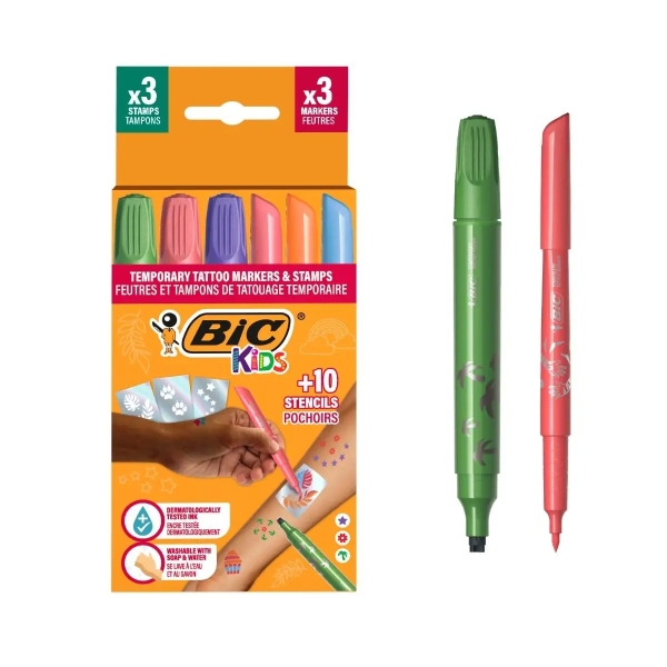 Bic Kids Tatuajes Temporales Pack de 3 Sellos + 3 Rotuladores + 10 Plantillas - Tinta Dermatologicam