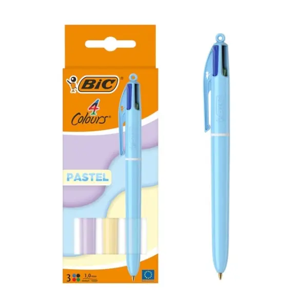 Bic 4 Colours Pastel Pack de 3 Boligrafos de Bola Retractil - Punta Media de 1.0mm - Tinta con Base 