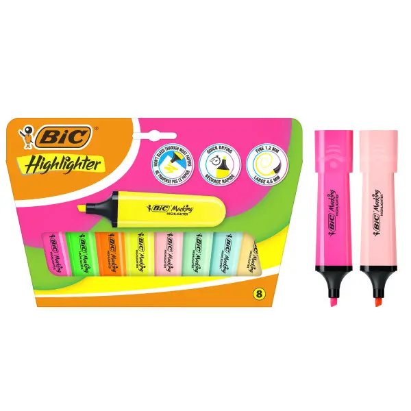 Bic Marking Highlighter Flat Pack de 8 Marcadores Fluorescentes - Punta Biselada - Trazo entre 1.20 